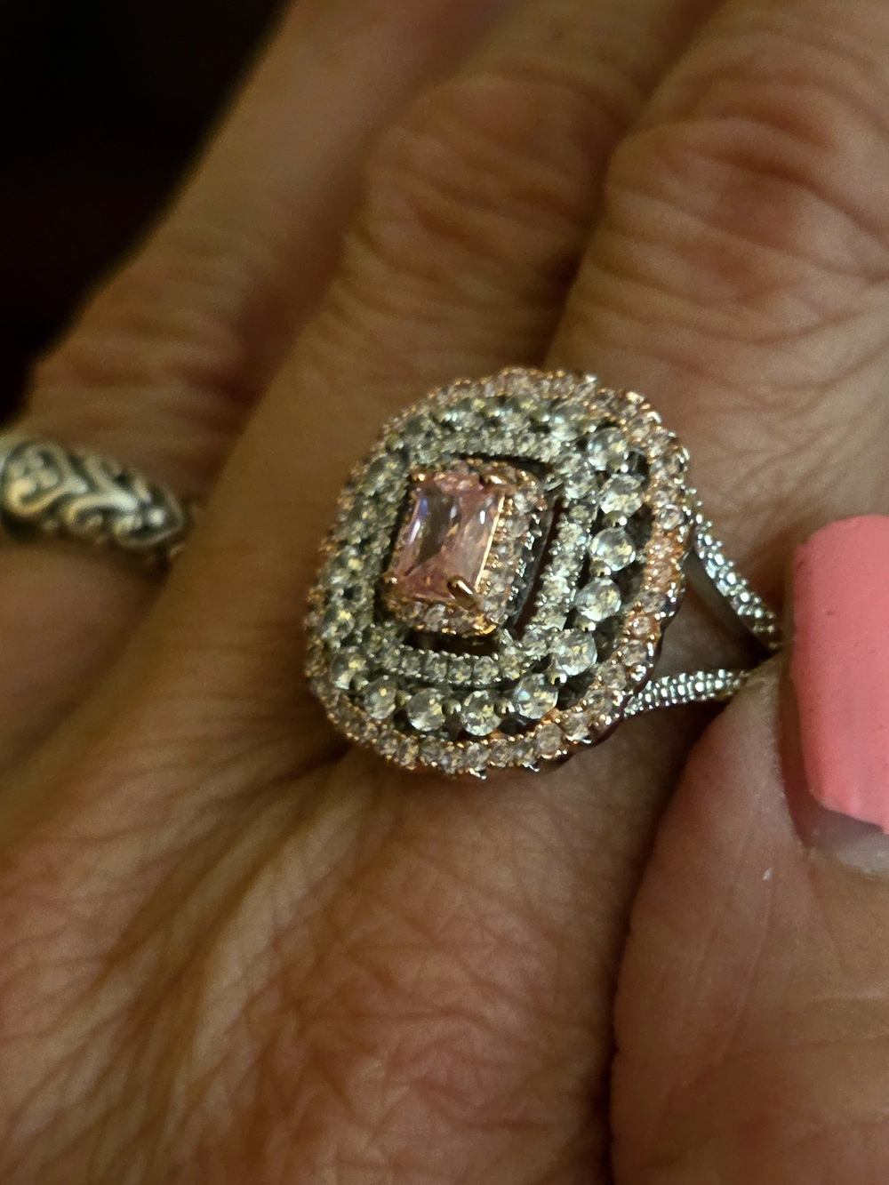 New!Pink Center Halo Ring with Double Row Cz. - Women Jewelry